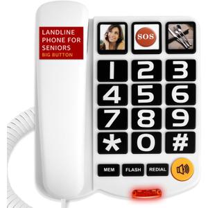 Uvital Large Button Phones for Seniors, White Corded Landline Phone with 3 One-Touch Dialing Big Buttons, Hands-Free, Loud Ringer, Adjustable Volume, Easy for Visually Impaired Telephone for Seniors