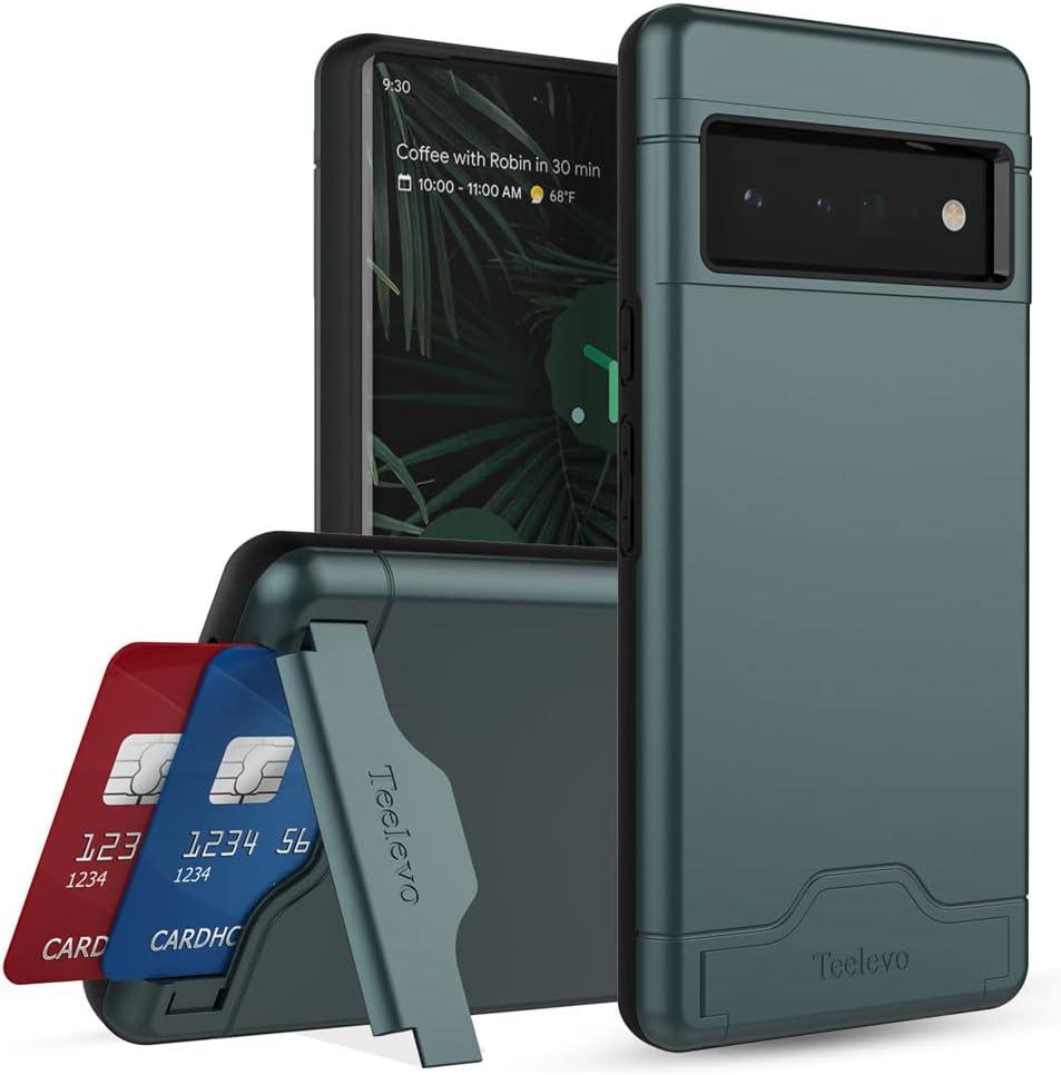 Teelevo Wallet Case for Google Pixel 6 Pro, Dual Layer Case with Card Slot Holder and Kickstand for Google Pixel 6 Pro - Dark Green