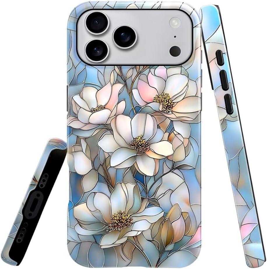 Case for iPhone 17 Pro Max,Magnolia Flower Phone Case Slim Silicone Shockproof Cover for Girls WomenGlossy & Durable