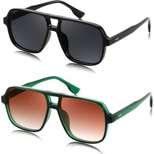 FEISEDY Retro Square Aviator Sunglasses Women Men 70s Vintage Trendy Plastic Frame Sun Glasses B4158 (Black & Green)