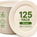 Compostable Sugarcane Plates 10 Inch, 125 Pack Heavy Duty, Leak & Oil Proof, Microwave Safe Bagasse Dinner Plates for Eco-Conscious Hosts | Outdoor BBQ, Wedding, Baby Shower, Camping, Catering