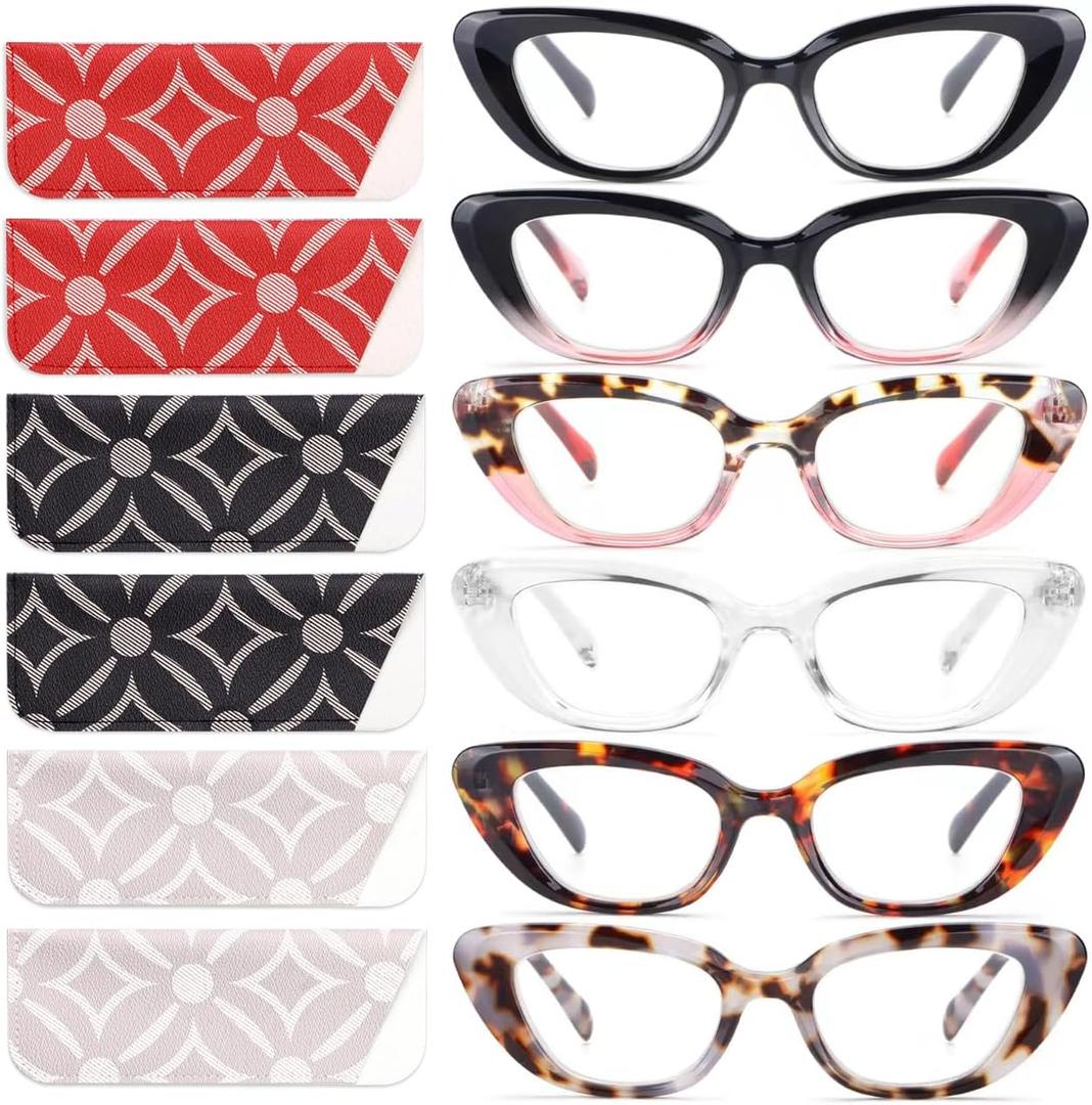 6 Pack Cat Eye Reading Glasses for Women Fashion Cute Blue Light Blocking Computer Readers Spring Hinge