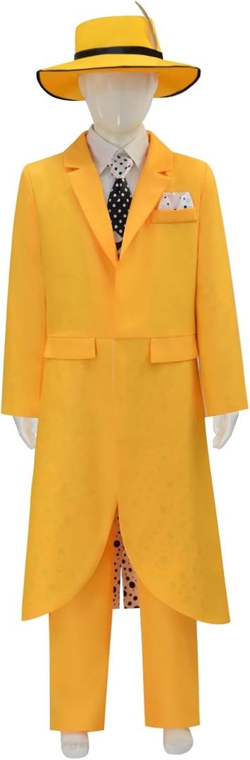 Mens Jim Carrey Costume Adult Mask Costume Mens Yellow Cosplay Jacket Pants Suit for Halloween (150cm, Kid)