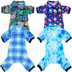PET SHOW 4 Pack Small Dog Pajamas Cute Dinosaur Monster Clothes for Medium Dogs Soft Stretchy PJs Plaid Jumpsuit Puppy Cats Tie Dye Onesies Outfits with Sleeve Pets Dachshund Costume(L, Blue for Boys)