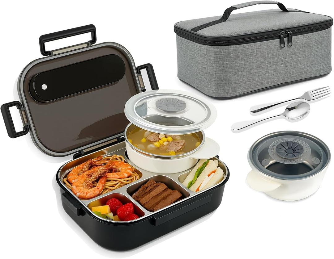 Bento Lunch Box with 8oz Soup Thermo,5-Compartment Leak-Proof Container, Thermo Hot Food Jar and Insulated Lunch Bag with Utensil,Microwave & Dishwasher & Freezer Safe