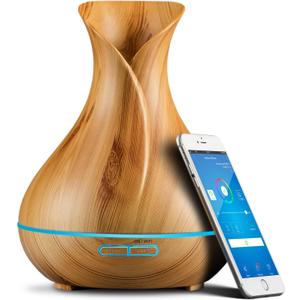 Smart WiFi Wireless Essential Oil Aromatherapy Diffuser - Works with Alexa & Google Home  Phone App & Voice Control - 400ml Ultrasonic Diffuser & Humidifier - LED & Timer Settings (Light Brown)