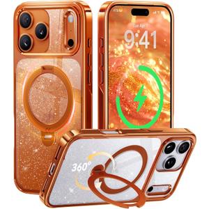 CASEKOO Pearl Sparkle 360 Spin Magnetic Stand for Glossy iPhone 17 Pro Max Case for Women, Fit for MagSafe, 17FT Drop Protection, Chic Design for 17 Pro Max Case with Stand, Cosmic Orange