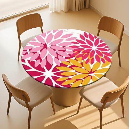 GzLeyigou Pink Yellow Round Fitted Tablecloth Elastic Edged Floral Table Cover Waterproof Wipeable Table Cloth Tablecloth Fits Tables up to 45"-56"