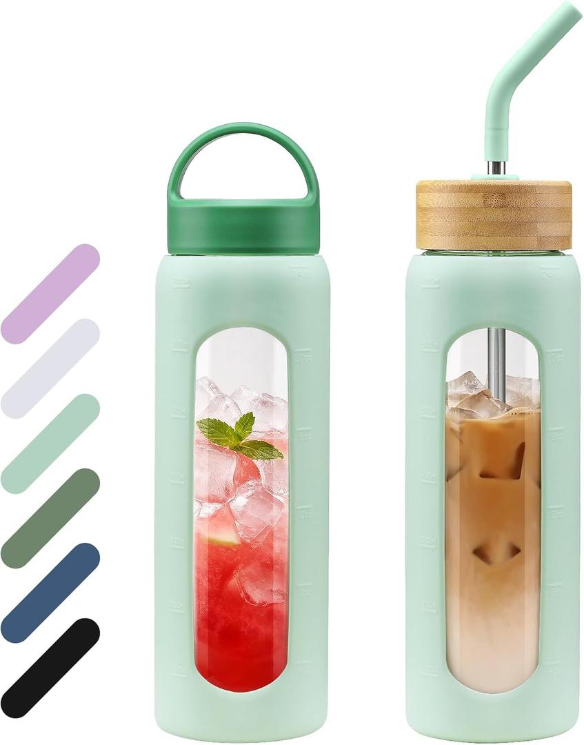 WINSA 24 oz Glass Water Bottle, Glass Tumbler with Straw, Reusable Drinking Bottles with 2 Lids-Handle Lid&Bamboo Straw Lid, Silicone Sleeve, for Sports, Home,1 Pack-Mustard