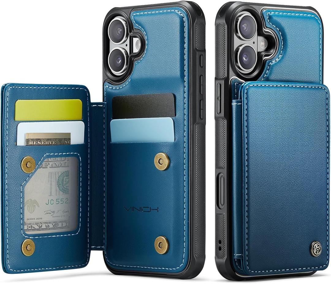 Vinich for iPhone 16 6.1" Wallet Case with Card Holder, RFID Blocking Credit Slots Kickstand Shockproof Phone Cover for Women Men, Blue