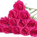 Felice Arts 12 Pack Hot Pink Artificial Roses with Stems Fuschia Silk Rose Fake Flowers for Wedding Bridal Bouquet Vase Table DIY Cake Valentines Decoration Decor
