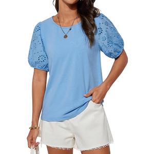 GRACE KARIN Womens Short Sleeve Tops Blouses Casual Puff Sleeve Loose Fit Tunic Tee Shirts Trendy Crewneck Dressy Work Shirts Blue XL