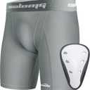COOLOMG Youth Boys Compression Shorts with Protective Cup Athletic Sports Underwear for Baseball Football Lacrosse Hockey (Medium, Light Gray)
