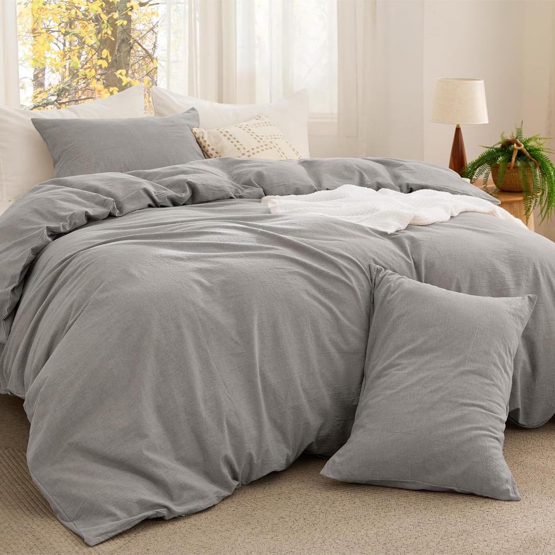 Bedsure Comforter Set King Size - Cotton Fabric with Microfiber Inner Fill, Grey Stone PureWoven Soft Bed Set for All Seasons, 3 Pieces, 1 Comforter (104" x 90") and 2 Pillow Cases (20" x 36")