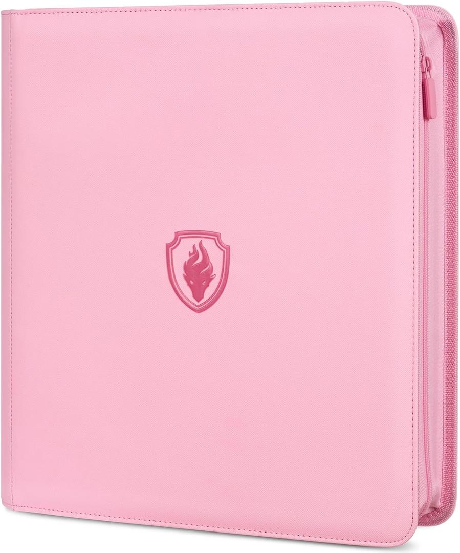 Premium Zip Card Binder 12 Pocket, Fabmaker 912 Pockets Trading Card Binder, PU Zipper Card Collection Album, Sturdy Side-Loading Card Book Holder for Game & Sports Cards, Pink