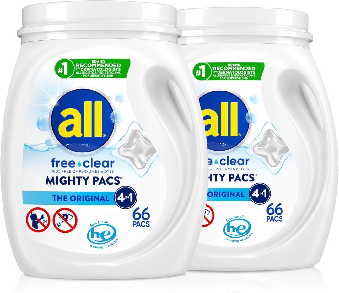all free clear, Original, MIGHTY PACS Laundry Detergent Pacs for Sensitive Skin, Unscented and Hypoallergenic, 66 Count (Pack of 2)
