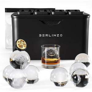 Berlinzo Premium Clear Ice Ball Maker - 8 Large 2.4" Crystal Clear Ice Balls for Whiskey, Cocktails & Bourbon - Easy-to-Remove Mold for Ice Spheres, XL Storage Bag & Ice Stamp Press Ring B Included