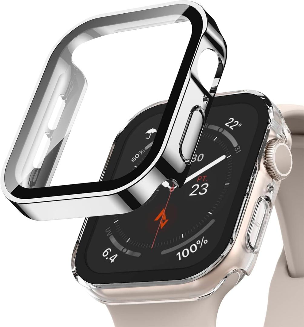 Adepoy 2 Pack Hard Case Compatible with Apple Watch 41mm Series 9 Series 8 Series 7 with Tempered Glass Screen Protector, Silver/Clear Ultra-Thin Durable Protective Cover for iWatch