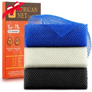 UJFQBH 3 Pieces African Bath Sponge African Net Long Net Bath Sponge Exfoliating Shower Body Scrubber Back Scrubber Skin Smoother,Great for Daily Use(Blue,Black,Off-White)