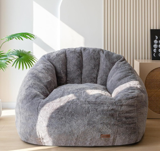 MAXYOYO Giant Bean Bag Chair, Oversized Bean Bag Couch for Adults and Kids, Faux Fur Shell-Shaped Large Chair with Filler, Stuffed Big Accent Sofa Lounge Floor Sofa for Gaming, Reading, Dark Grey
