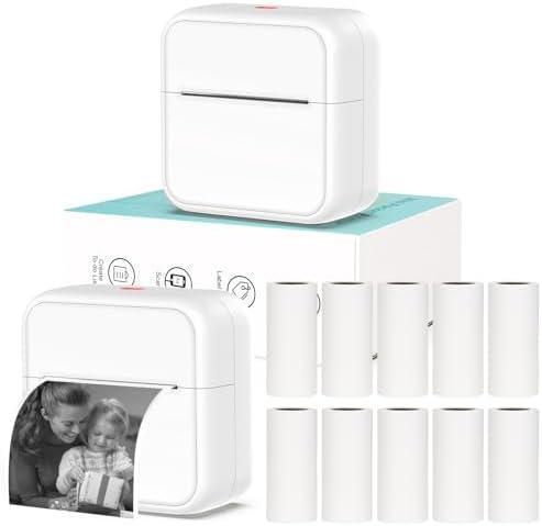 HUIJUTCHEN Mini Pocket Printer for iPhone/Android, Portable Sticker Printer with 10 Rolls Non-Sticky Thermal Papers, Blue-Tooth Thermal Mini Printers for Journal Memo Notes Photo Study, White