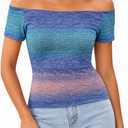 LilyCoco Off The Shoulder Tops for Women Striped Short Sleeve Sexy Going Out Top Multicolor Large (L)