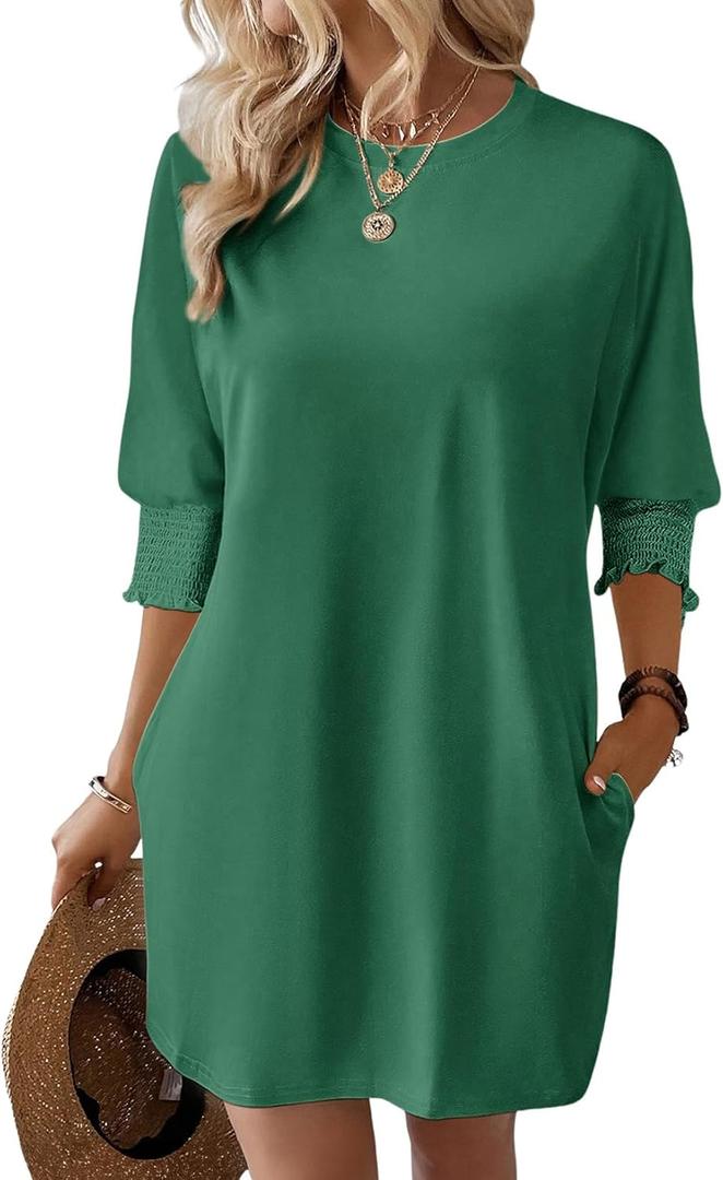 Dokotoo Womens Dresses 2025 Spring 3/4 Sleeve Fashion Dresses Crewneck Casual Mini Dress with Pockets S-XL (Green, M)