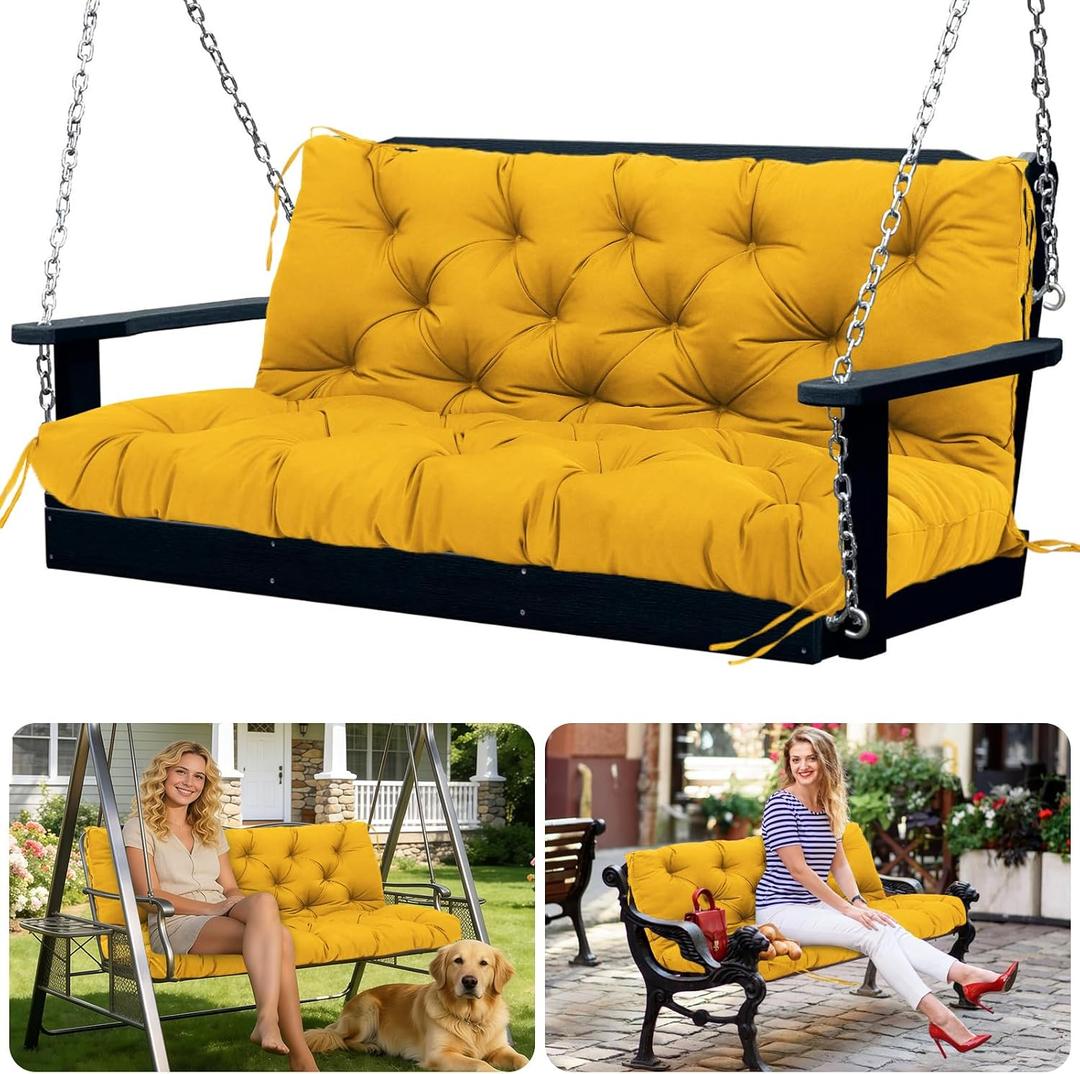 Porch Swing Cushions Outdoor 60 inch with Backrest Yellow Thick 5" Waterproof 3 Seater Replacemen Swing Cushions for Outdoor Furniture Patio Bench Backyard Garden