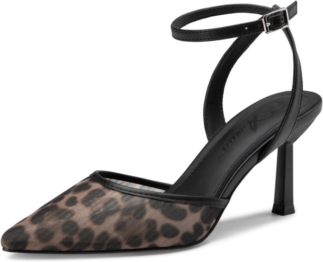 Athlefit Women's Closed Pointed Toe 3 Inch High Heels Ankle Strap Stiletto Heel Wedding Party Dress Pumps Shoes (8, Leopard)