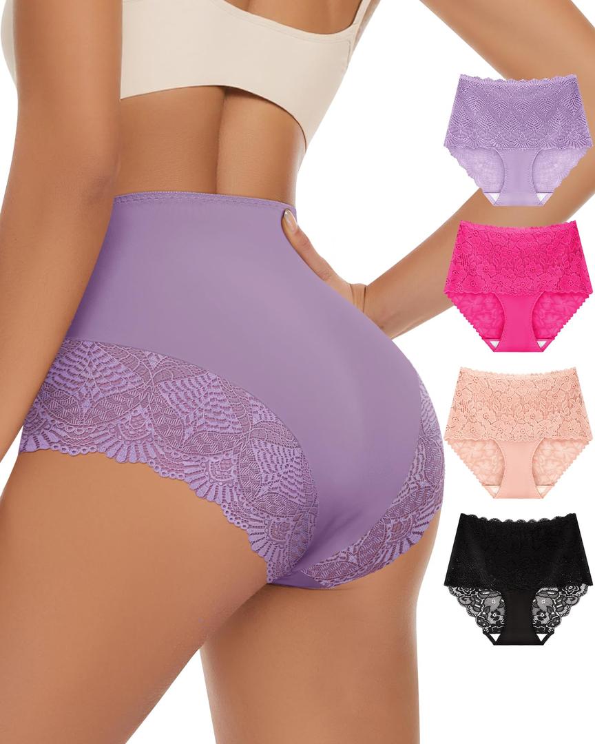 Women's High Waisted Underwear Ladies Lace Sexy Panties Breathable Soft Stretch 3 Pack Full Coverage, XL