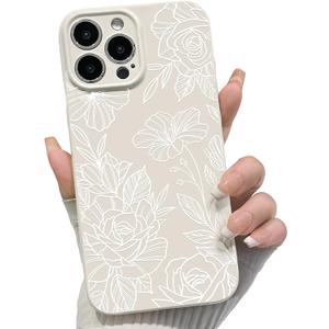 NITITOP Compatible with iPhone 15 Pro Case Cute Aesthetic Floral Flower Rose Line Pattern for Women Girl Trendy Slim Fit TPU Silicone Shockproof Full Camera Protection Cover - White