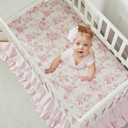 Brandream French Country Toile Crib Bedding Set for Girls Pink Grandmillennial Toile Vintage Floral Print 100% Cotton Baby Girl Nursery Bedding - Ruffles Quilt,Toile Crib Sheet,Crib Bed Skirt,3 Pieces