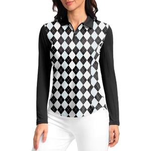 Women's Golf Shirts Lightweight UPF 50+ Long Sleeve Shirts UV Protection Quick Dry Cool Polo Shirts for Women Work Outdoor (Medium, Black Plaid)