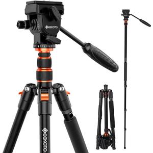 GEEKOTO Video Tripod Fluid Head,Professional Camera Tripod for DSLR,Monopod Aluminum 77" for Video Camcorder Canon Nikon Sony with 1/4" Screws Fluid Drag Pan Head,Load Capacity up to 20 Pounds