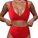 Hilinker Women's Leopard Bikini Swimsuits V Neck High Waisted 2 Piece Bathing Suits (Large, Solid Red)