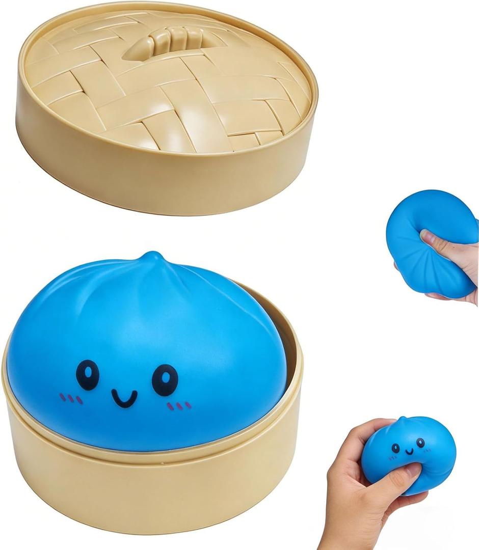Dumpling Squishies,Glitter Dumpling Mystery Box,Colorful Dumplings Sensory Toy, Cute Asian Food Shape, with Food Steamer Stretchy Desk Toys, Soft Squeeze Decompression Dough (Blue)