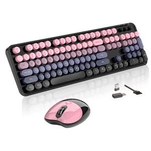 Wireless Keyboard and Mouse, MOFII 104 Round Keycaps Retro Typewriter with OTG & Brush, Full-Size Ergonomic, Ideal for Windows PC, Home, Office and College Peach Pink