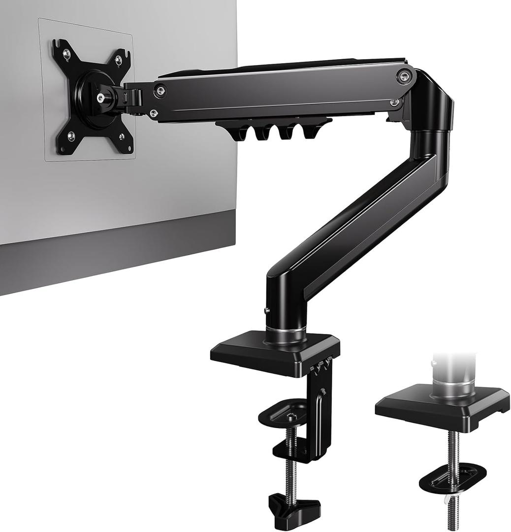 Single Monitor Arm, Computer Monitor Stand for 15 to 32 Inch Screens, Fits 4.4 to 19.8 lbs, 75/100 mm VESA, Adjustable Gas Spring Monitor Mount with C-Clamp & Grommet Base, Black