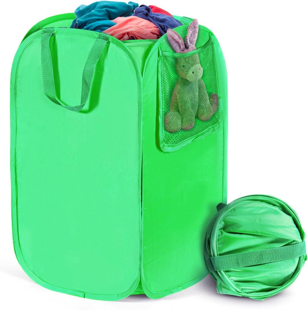 HOUSE AGAIN Upgraded Polyester Pop Up Laundry Hamper, Collapsible Laundry Baskets with Durable Handles Solid Bottom High Steel Frame and Side Pocket, Easy Open & Save space,Perfect for Storage(Green) (1-Pack)