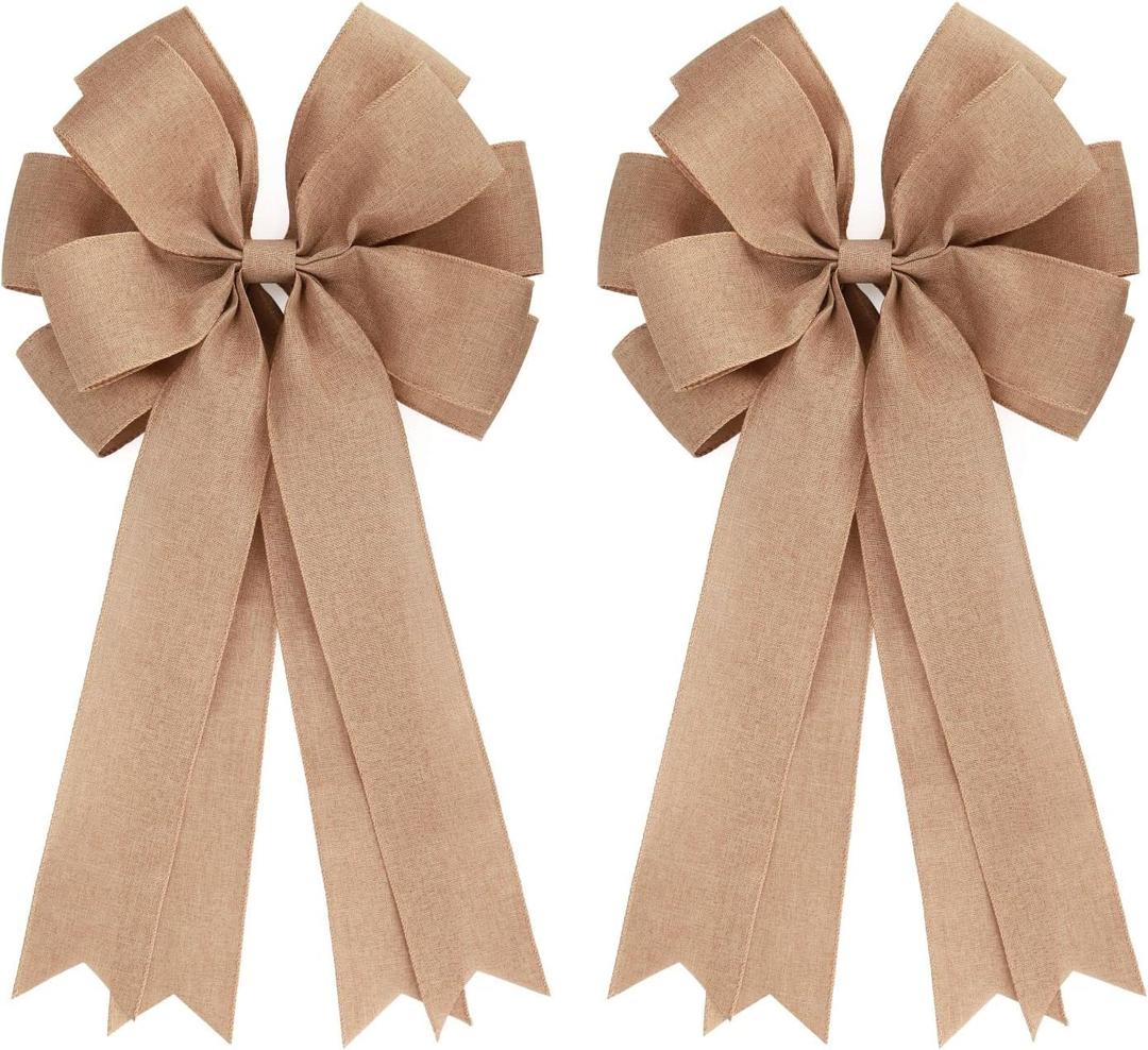 2 Pcs 20 x 10 Inch Large Burlap Bows Farmhouse Wreaths Jute Bow for Gift Wrapping Tree Topper Front Door Home Decorations