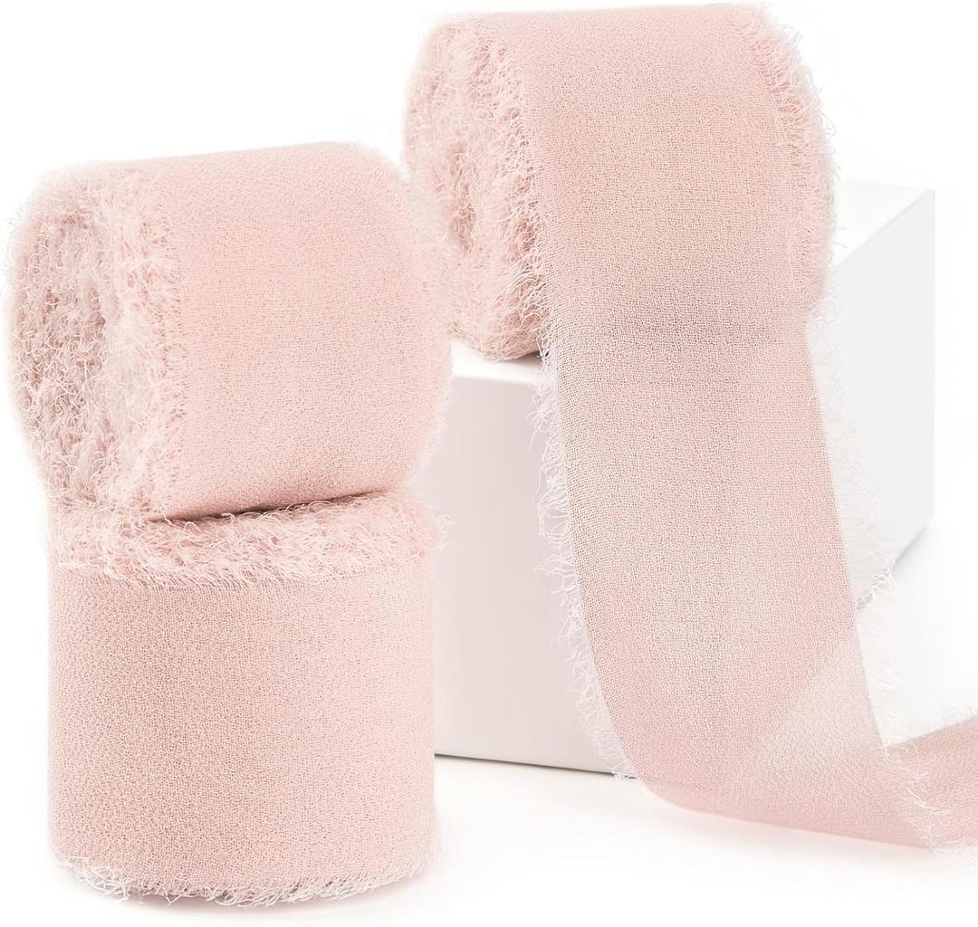 CLUEWR Blush Pink Chiffon Ribbon 1.5 Inch x 3 Rolls Total 21 Yards Handmade Fringe Silk Chiffon Fabric Ribbon for Gift Wrapping Wedding Invitation Bridal Flower Bouquet DIY Crafts Home Decor