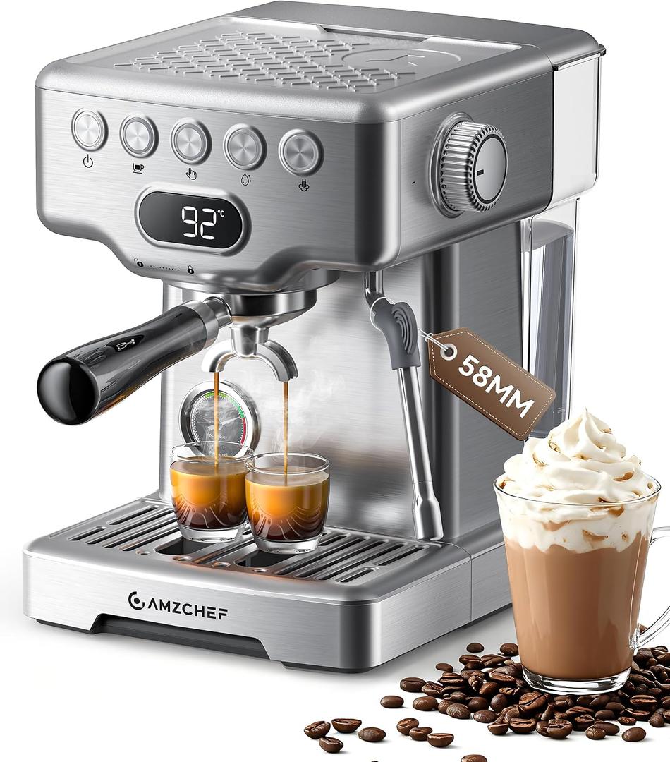 AMZCHEF Ultra Espresso Machine, 58mm Professional with PID Temperature Control for Light to Dark Roast Beans, Built-in Pressure Gauge & 10mm Steam WandProvides Barista-Level Lattes and Cappuccinos