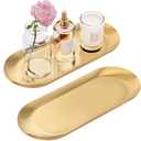 Gold Decorative Tray, 2 PCS Bathroom Vanity Tray for Dresser Counter, Elegant Jewelry Dish Tray for Decor, Gold Platter Serving Tray Organizer for Perfume Trinket Key Candle, Stainless Steel, Oval
