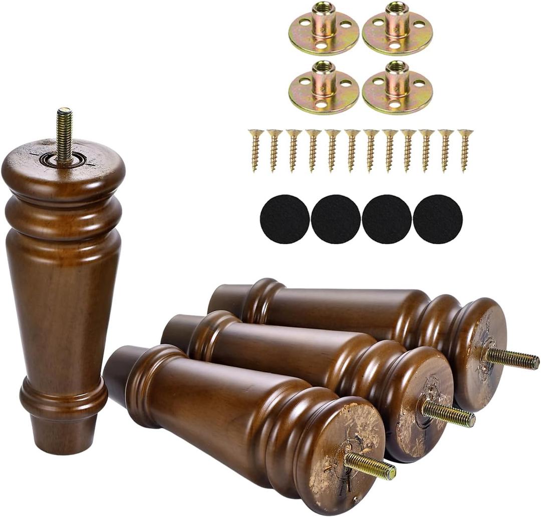 Maricome Wood Furniture Legs 6 inch Replacement Feet Set of 4 Pre-drilled M8 Bolt Ottoman Chair Cabinet Dresser Wooden Legs Mid Century Screw in