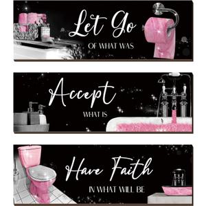 Honoson 3 Pcs Pink Bathroom Decor Wall Art Bathroom Pictures Decor Accept Let Go Have Faith Wood Wall Hanging Sign for Home Spa Laundry 11. 8 x 3. 9 x 0. 2 Inches