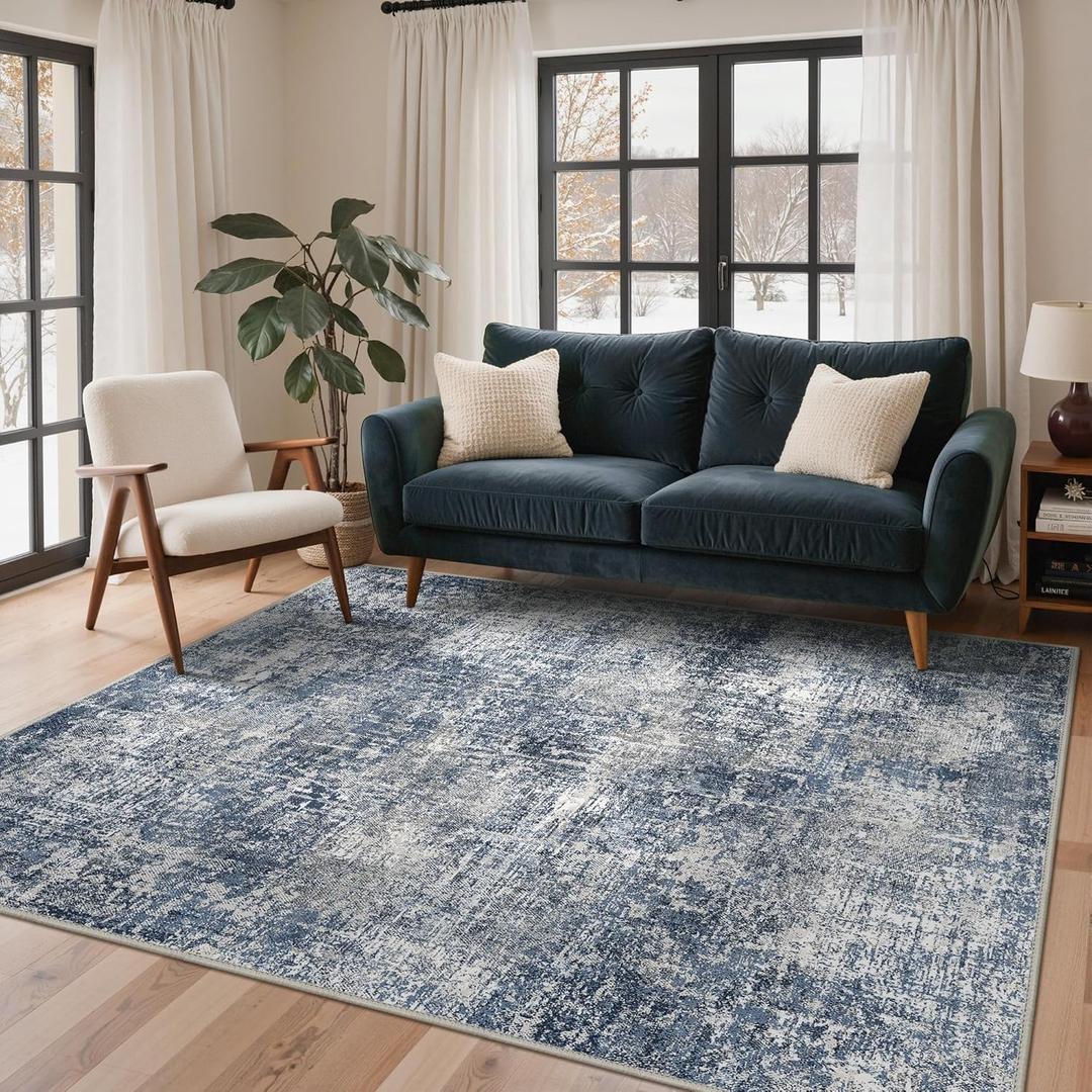 GENIMO 8x10 Washable Area Rugs for Living Room Bedroom, Modern Abstract Non Slip Rug, Low Pile Soft Contemporary Indoor Floor Carpet Cover for Dinning Room Kitchen, Deep Sea Blue