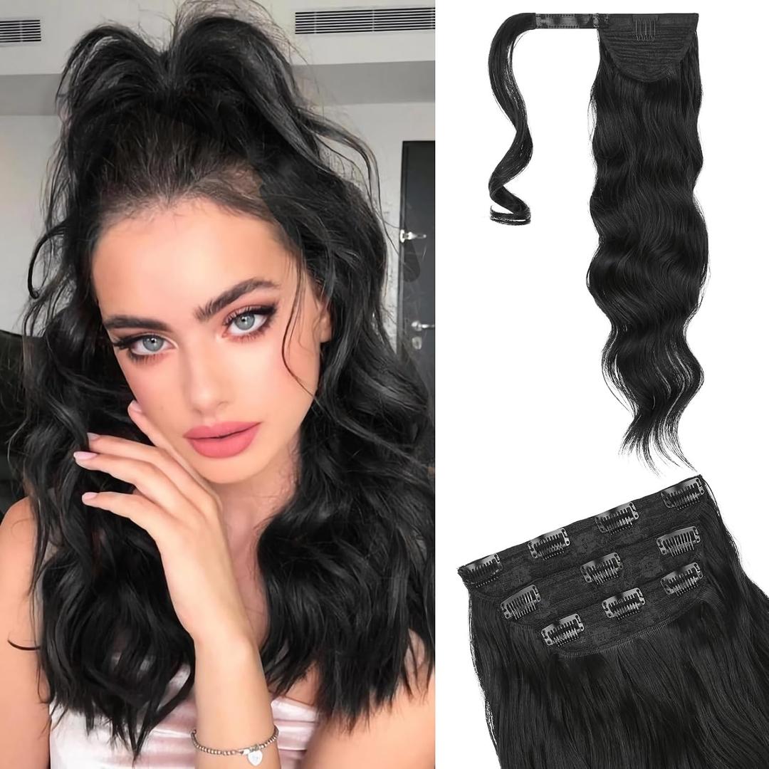 Flufymooz 4PCS Half Up Half Down Ponytail Extension Set, Fake Ponytail Soft Synthetic Hairpiece for Women, Long Thick Clip in Hair Extensions Wavy Fuller High Wrap Around (Natural Black 22In)