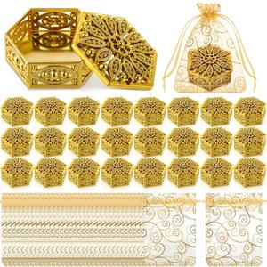 Yexiya Indian Return Gifts for Pooja Hollow Out Hexagon Candy Boxes Golden Hexagon Box Storage Boxes Indian Festival Favor Return Gifts for Diwali Pooja Wedding House Warming(30 Pack,Hexagonal Style)