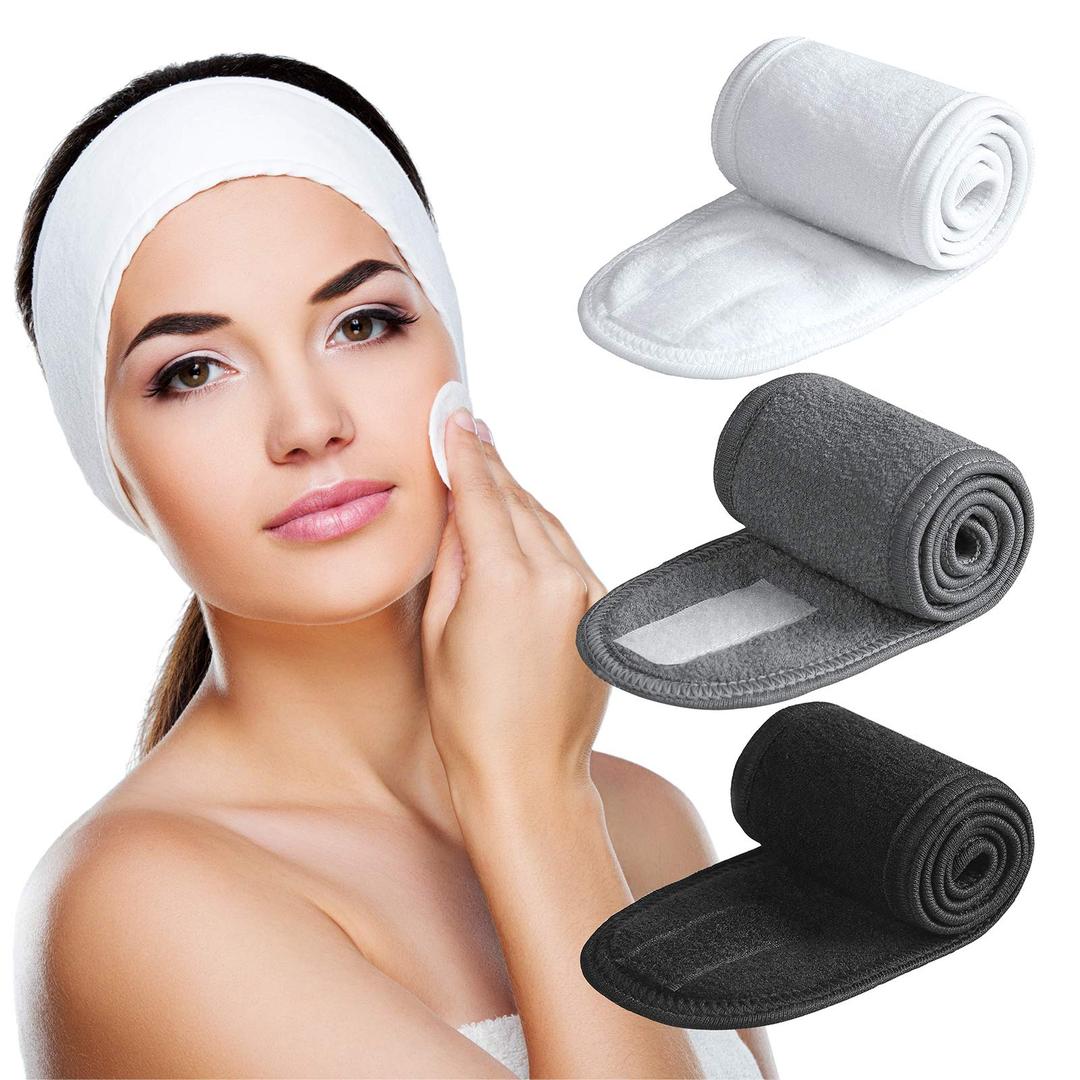Denfany Spa Headband - Deluxe Face Wash Headband, Comfortable, Adjustable and Machine-Washable, Ideal for Showering, Makeup and Exercise (Black 3 Pack)
