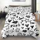 Comforter Set Full Size, Black White Love Star Cute Soft 3 Pcs Bedding for Kids and Adults, Watercolor Vintage Comforter Set with 2 Pillowcases, for Bedroom Bed Decor